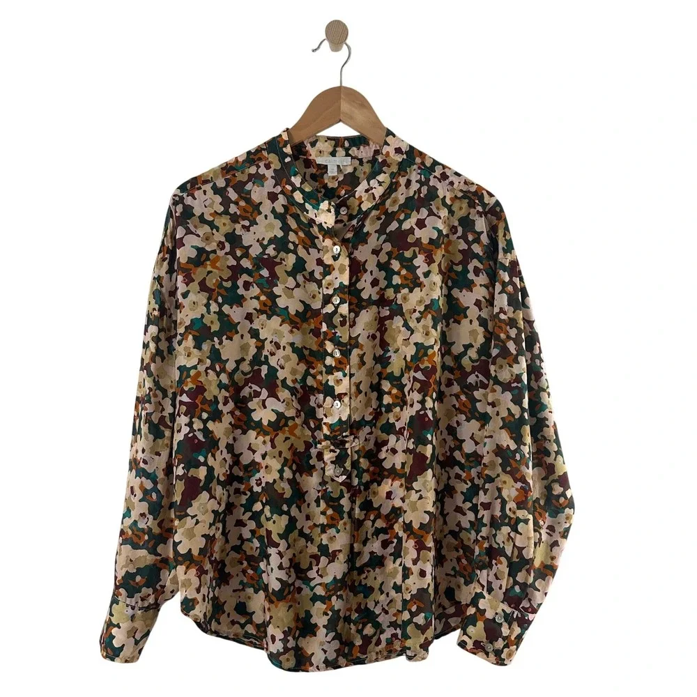 Calme Johnny Was Womens 100% Silk Floral Half Placket Button Blouse Top Size M